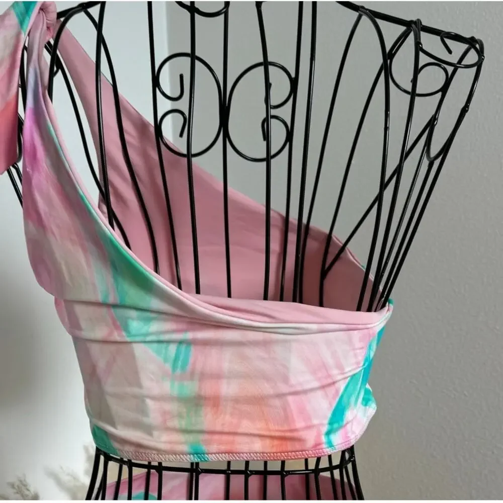Frankie's Bikinis Taylor Top Trippy Tie Dye One Shoulder Bikini Top Pink Medium